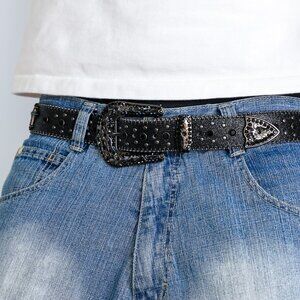 y2k black rhinestone studded western belt — 2000s goth glam style